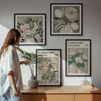 Políptico com moldura ilustrações florais Londres e Hong Kong