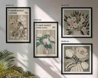 Políptico com moldura ilustrações florais Londres e Hong Kong