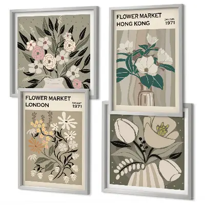 Políptico com moldura ilustrações florais Londres e Hong Kong