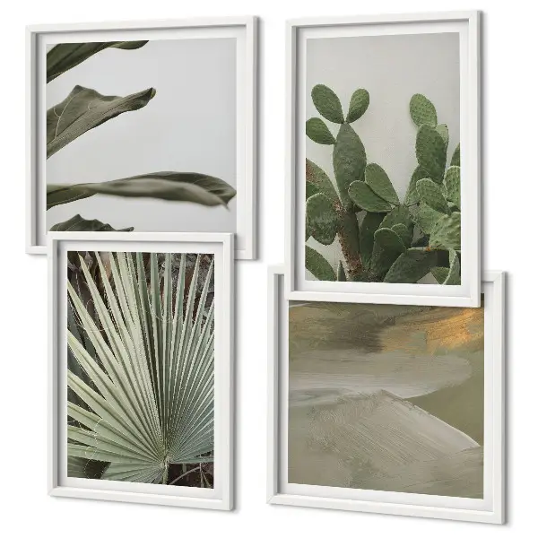 Conjunto de 4 quadros com moldura com estampa de folhas de plantas tropicais em tons pastel