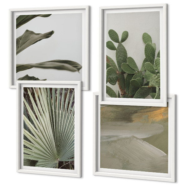 Conjunto de 4 quadros com moldura Folhas de plantas tropicais em tons pastel