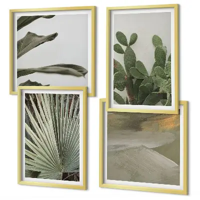 Conjunto de 4 quadros com moldura com estampa de folhas de plantas tropicais em tons pastel