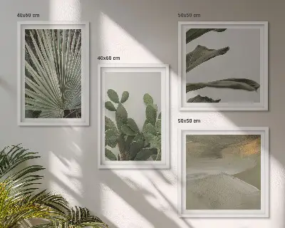Conjunto de 4 quadros com moldura com estampa de folhas de plantas tropicais em tons pastel