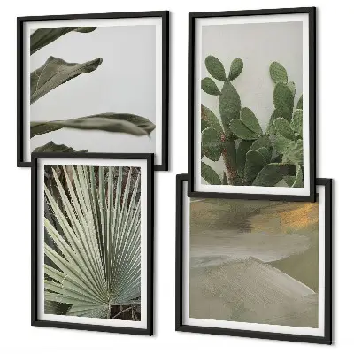 Conjunto de 4 quadros com moldura com estampa de folhas de plantas tropicais em tons pastel