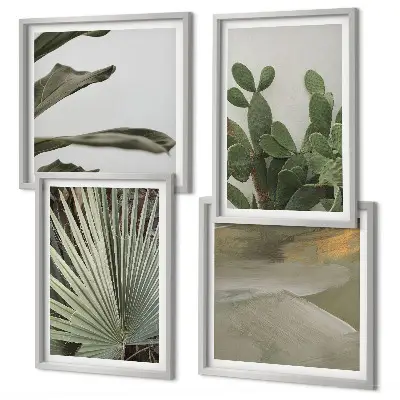 Conjunto de 4 quadros com moldura com estampa de folhas de plantas tropicais em tons pastel