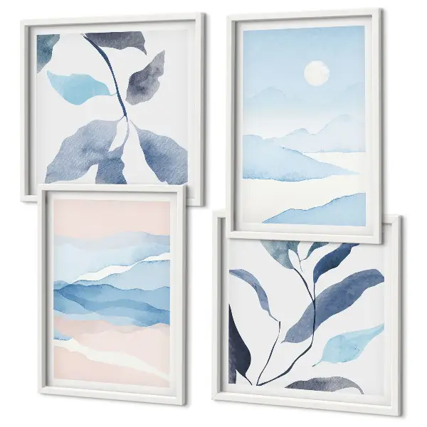 Políptico com moldura paisagens de montanha e plantas em aquarela