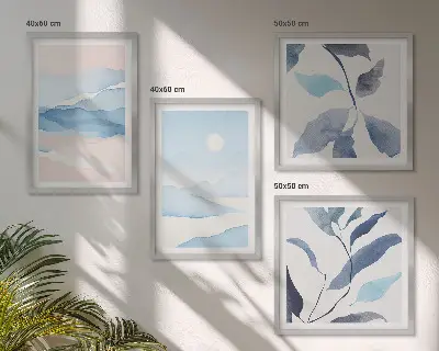 Políptico com moldura paisagens de montanha e plantas em aquarela