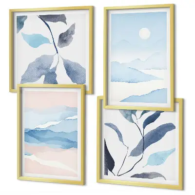 Políptico com moldura paisagens de montanha e plantas em aquarela