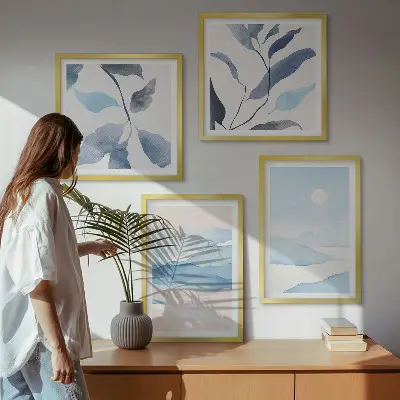 Políptico com moldura paisagens de montanha e plantas em aquarela