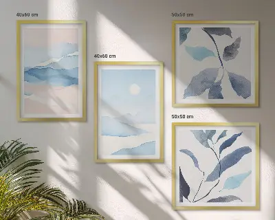 Políptico com moldura paisagens de montanha e plantas em aquarela