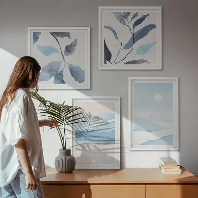 Políptico com moldura paisagens de montanha e plantas em aquarela