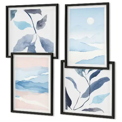 Políptico com moldura paisagens de montanha e plantas em aquarela