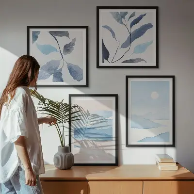 Políptico com moldura paisagens de montanha e plantas em aquarela