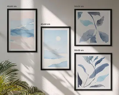 Políptico com moldura paisagens de montanha e plantas em aquarela