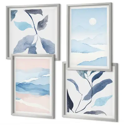 Políptico com moldura paisagens de montanha e plantas em aquarela