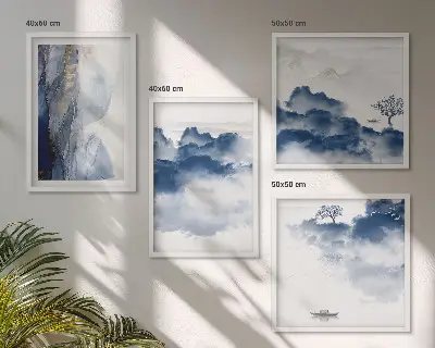 Políptico com moldura paisagem com montanhas, nuvens, árvores e pássaros