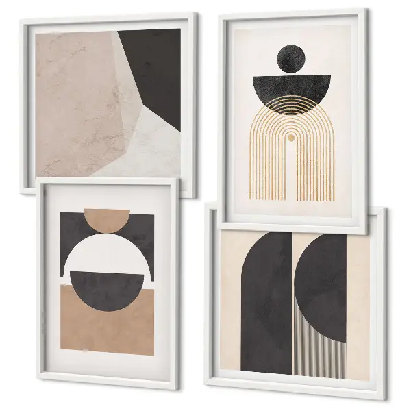 Composição de quadros com formas abstratas em tons de bege e marrom