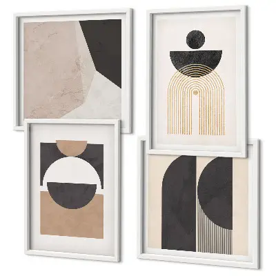 Composição de quadros com formas abstratas em tons de bege e marrom
