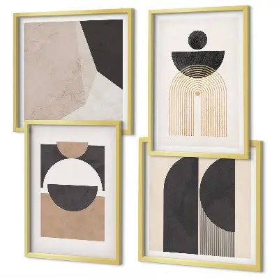 Composição de quadros com formas abstratas em tons de bege e marrom