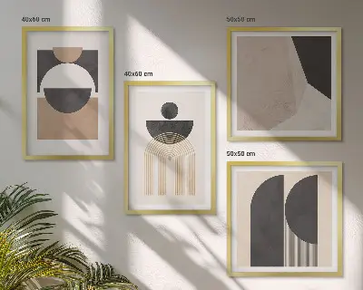 Composição de quadros com formas abstratas em tons de bege e marrom