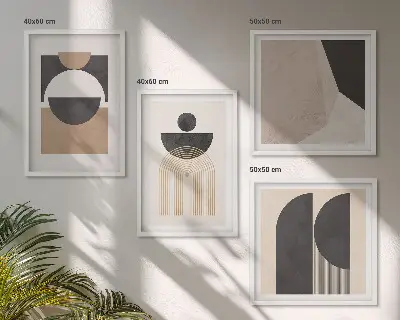 Composição de quadros com formas abstratas em tons de bege e marrom