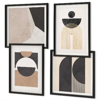 Composição de quadros com formas abstratas em tons de bege e marrom