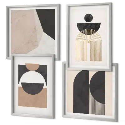 Composição de quadros com formas abstratas em tons de bege e marrom