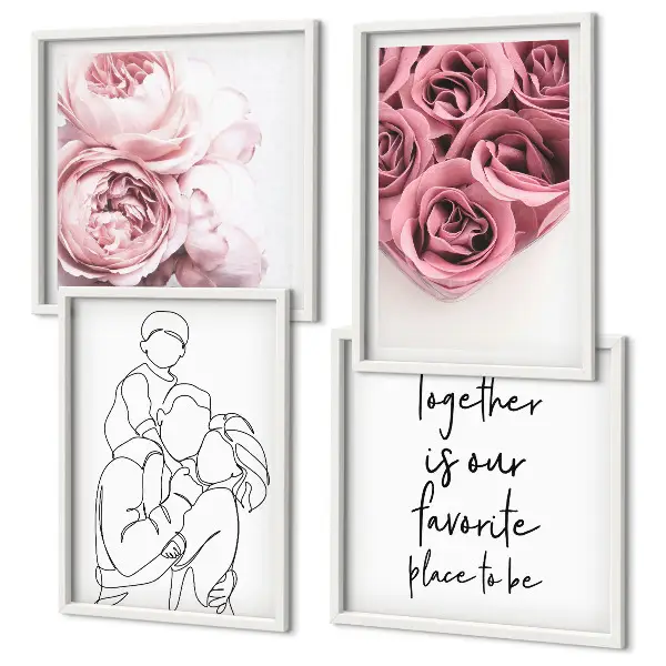 Conjunto de 4 quadros com moldura decorativos com desenho linear de buquês de rosas para a família