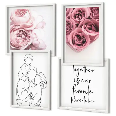 Conjunto de 4 quadros com moldura decorativos com desenho linear de buquês de rosas para a família