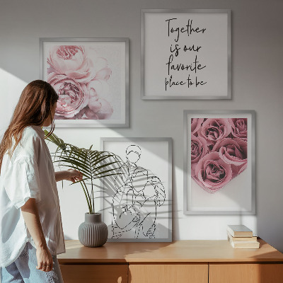 Conjunto de 4 quadros com moldura Buquês de rosas em estilo de desenho linear para a família