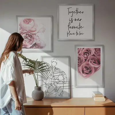 Conjunto de 4 quadros com moldura decorativos com desenho linear de buquês de rosas para a família