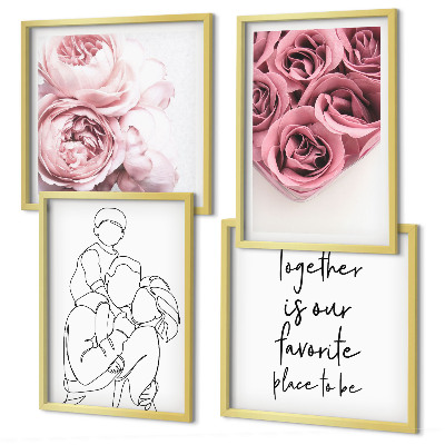 Conjunto de 4 quadros com moldura Buquês de rosas em estilo de desenho linear para a família