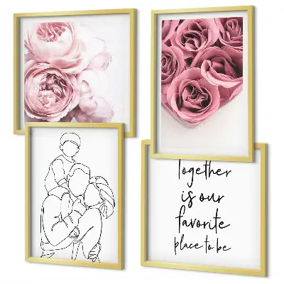 Conjunto de 4 quadros com moldura decorativos com desenho linear de buquês de rosas para a família