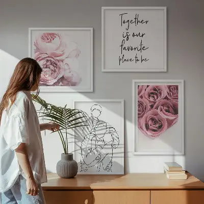 Conjunto de 4 quadros com moldura decorativos com desenho linear de buquês de rosas para a família