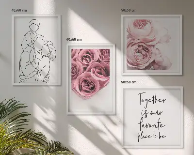 Conjunto de 4 quadros com moldura decorativos com desenho linear de buquês de rosas para a família
