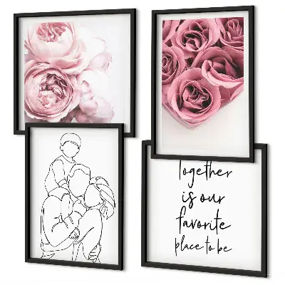 Conjunto de 4 quadros com moldura decorativos com desenho linear de buquês de rosas para a família