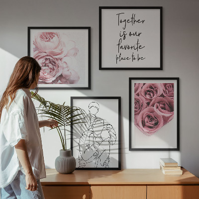 Conjunto de 4 quadros com moldura Buquês de rosas em estilo de desenho linear para a família