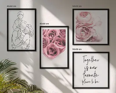 Conjunto de 4 quadros com moldura decorativos com desenho linear de buquês de rosas para a família
