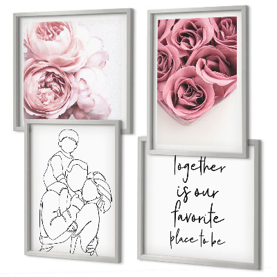 Conjunto de 4 quadros com moldura Buquês de rosas em estilo de desenho linear para a família