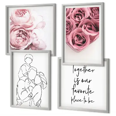 Conjunto de 4 quadros com moldura decorativos com desenho linear de buquês de rosas para a família