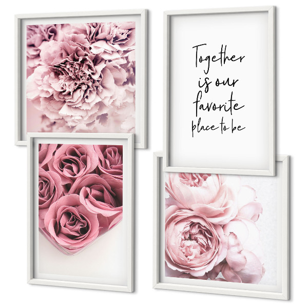 Políptico com moldura Buquês de flores, rosas, inscrição para casa