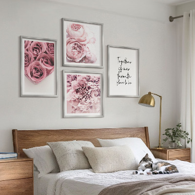 Políptico com moldura Buquês de flores, rosas, inscrição para casa