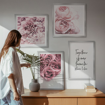 Políptico com moldura Buquês de flores, rosas, inscrição para casa