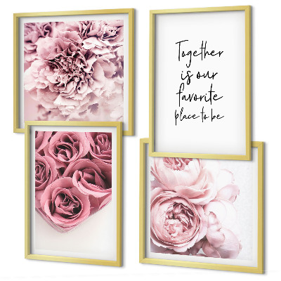 Políptico com moldura Buquês de flores, rosas, inscrição para casa