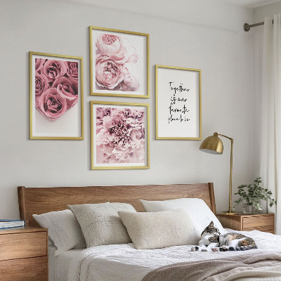 Políptico com moldura Buquês de flores, rosas, inscrição para casa