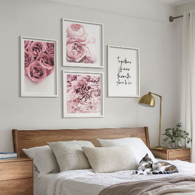 Políptico com moldura Buquês de flores, rosas, inscrição para casa