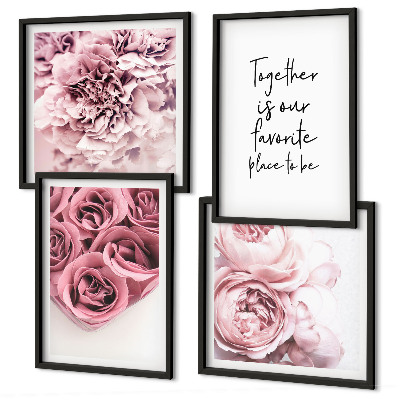 Políptico com moldura Buquês de flores, rosas, inscrição para casa