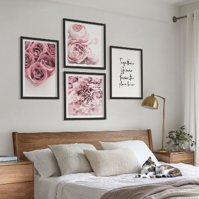 Políptico com moldura Buquês de flores, rosas, inscrição para casa
