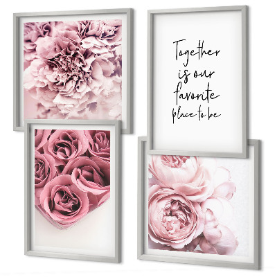 Políptico com moldura Buquês de flores, rosas, inscrição para casa