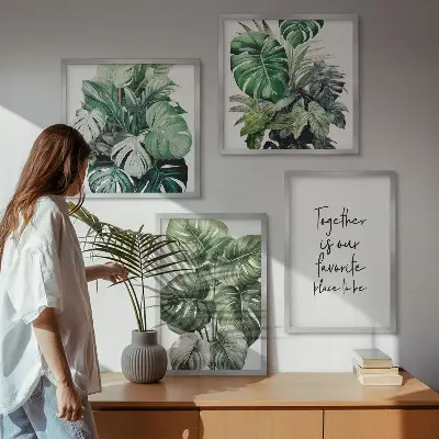 Composição de quadros decorativa com folhas tropicais verdes